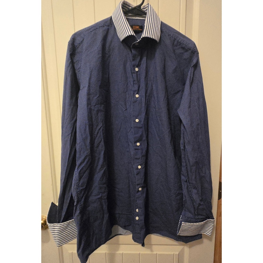 Steven Land Dress Shirt 16.5 36/37 Tall Blue Micro Dot Contrast Stripe Cuff